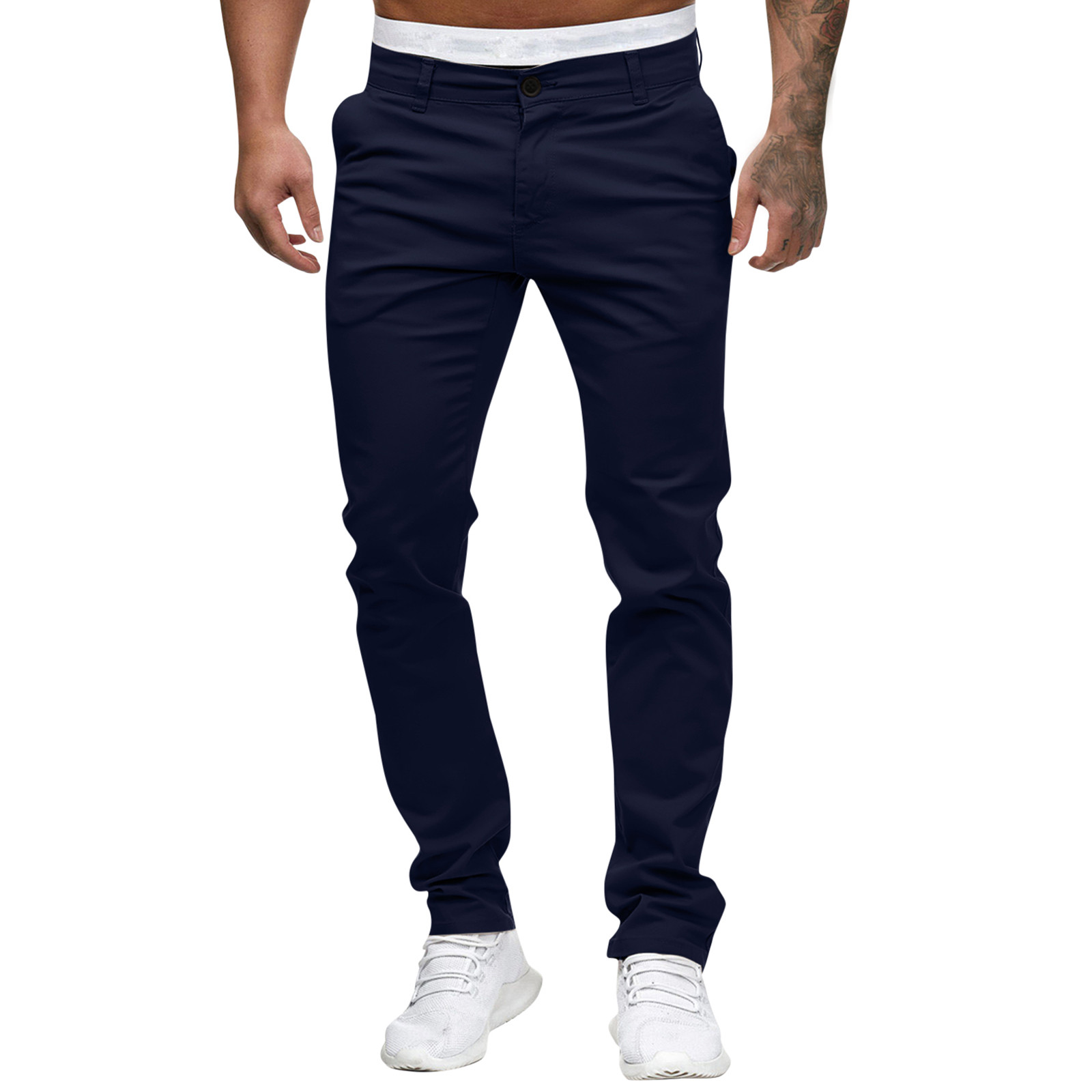 thumbnail image 2 of Pantalones informales lisos de talla grande para hombre, cintura ajustada, botones/bolsillos/cremallera decorativos, algodón, tallas M-XXXL, 2 of 8